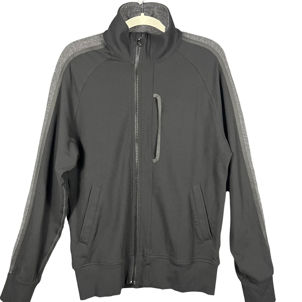 Lululemon Track Jacket Mens M Black Herringbone Trim Full Zip Athletic 2125